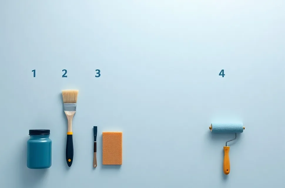 Outils de peinture disposés dans l'ordre des étapes du chantier