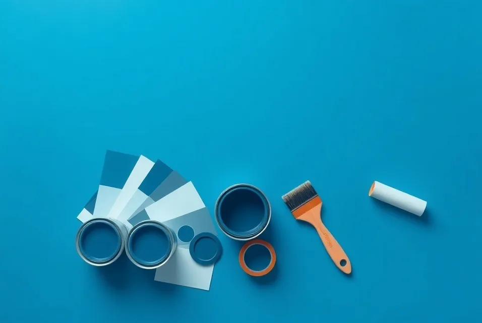 Pots de peinture, nuancier, brosses et rouleaux disposés à plat