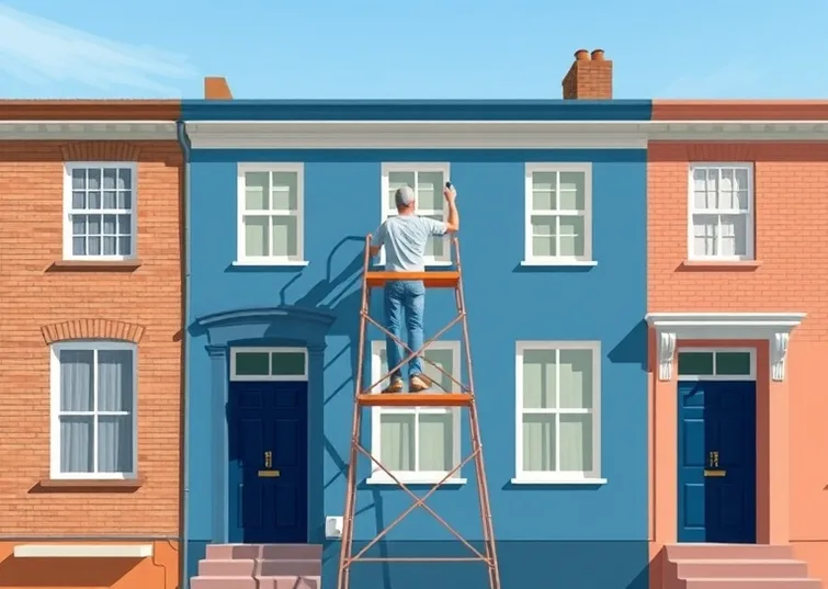 Peintre sur échafaudage traitant la façade d'une maison