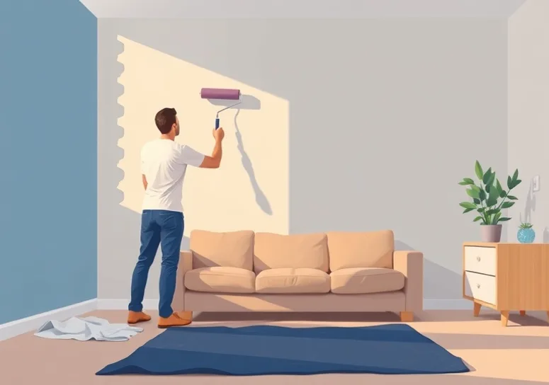 Peintre appliquant la peinture au rouleau sur un mur de salon